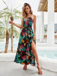 SHEIN VCAY Tropical Print Split Thigh Belted Halter Dress - Multicolor - View 5
