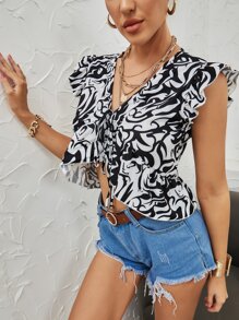 Chiquease 荷葉邊下擺繫帶短版上衣 - 黑與白 - 查看 6