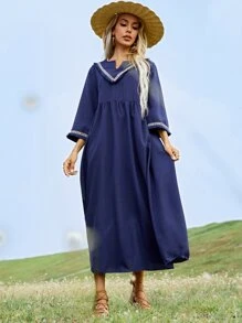 Notched Contrast Tape Smock Dress - Navy Blue - View 1