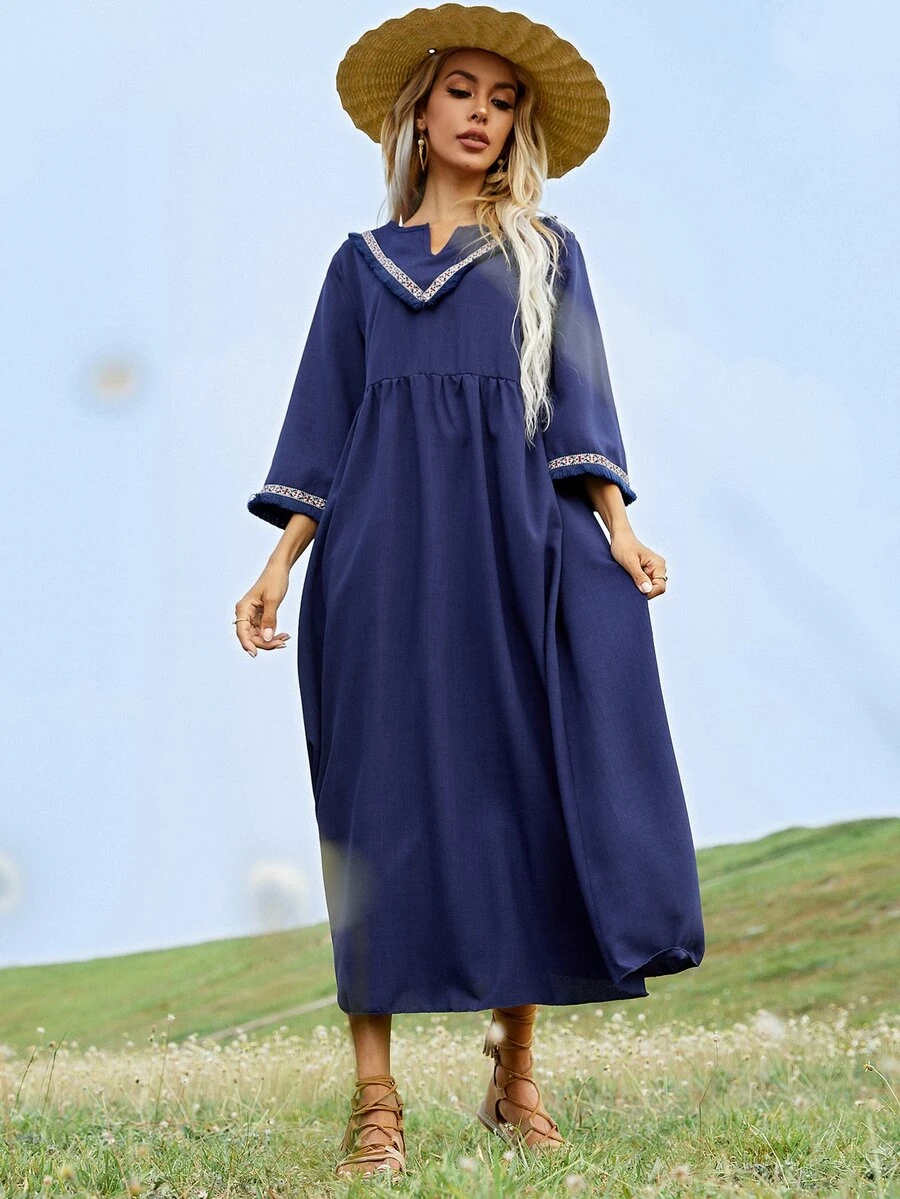 Notched Contrast Tape Smock Dress - Navy Blue - View 1