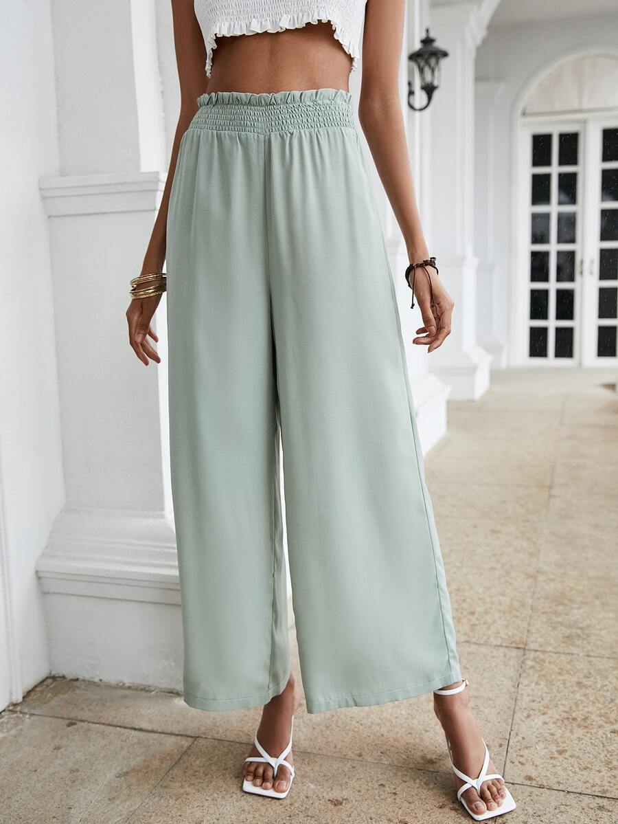 Solid Shirred Waist Wide-leg Trousers - Mint Green - View 1