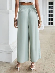 Solid Shirred Waist Wide-leg Trousers - Mint Green - View 2