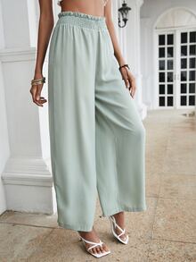 Solid Shirred Waist Wide-leg Trousers - Mint Green - View 3
