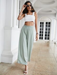 Solid Shirred Waist Wide-leg Trousers - Mint Green - View 4