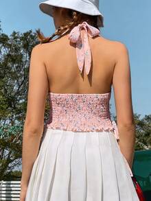 Breezaya Ditsy Floral Knot Side Shirred Halter Top - Pink - View 2