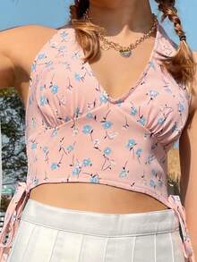 Breezaya Ditsy Floral Knot Side Shirred Halter Top - Pink - View 3