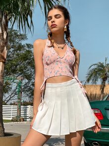 Breezaya Ditsy Floral Knot Side Shirred Halter Top - Pink - View 4