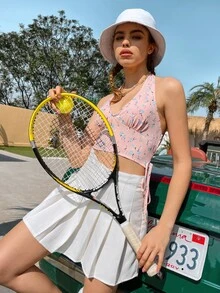 Breezaya Ditsy Floral Knot Side Shirred Halter Top - Pink - View 6