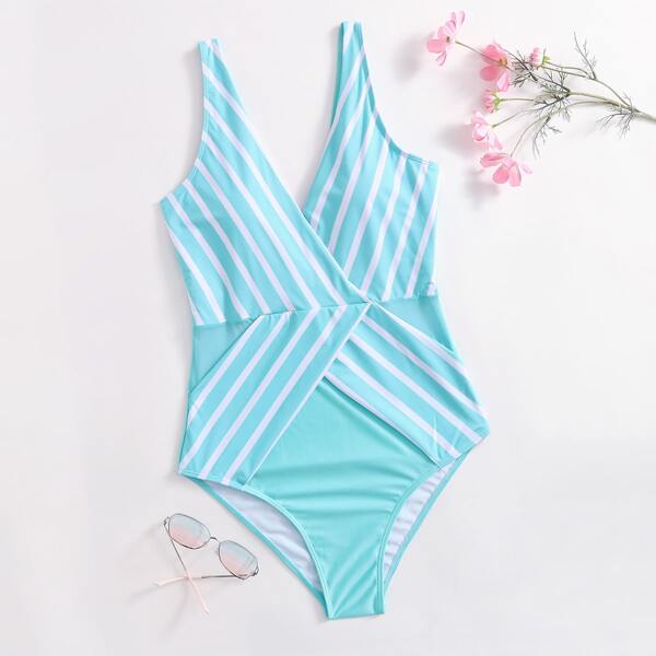 

Plus Striped Pattern One Piece Swimsuit, Blue and white