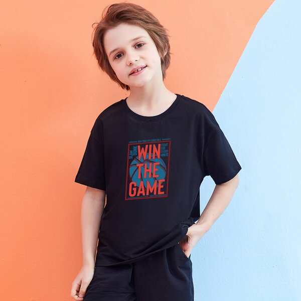 

Boys Drop Shoulder Letter & Graphic Print Tee, Black