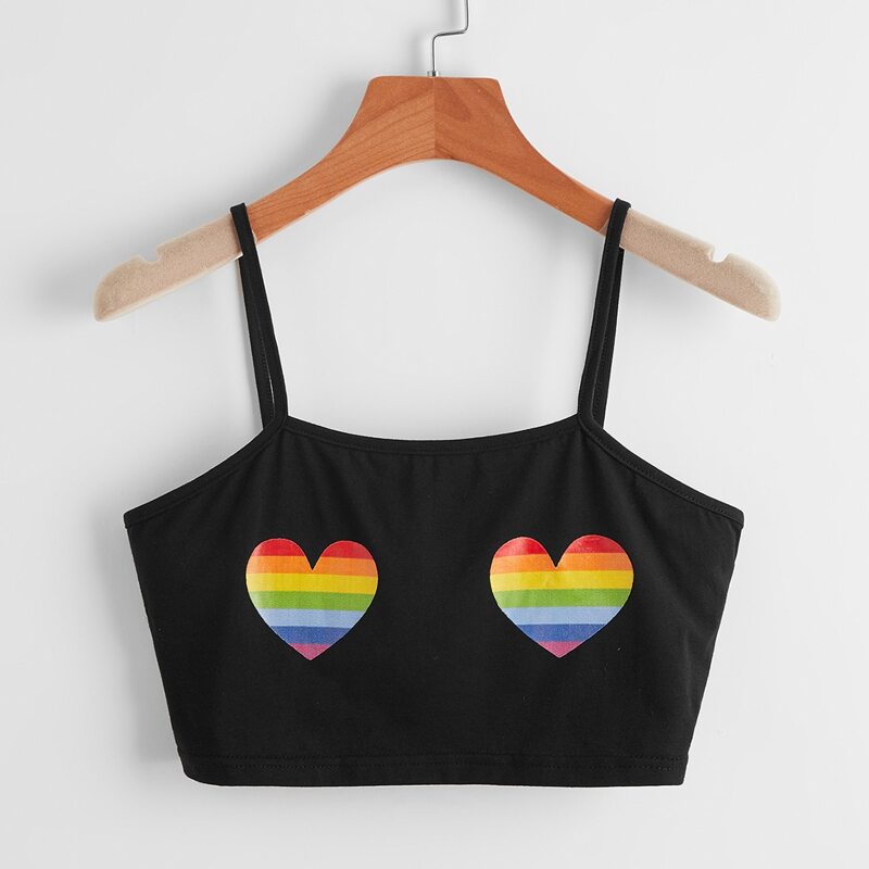 

Heart Rainbow Stripe Crop Cami, Black