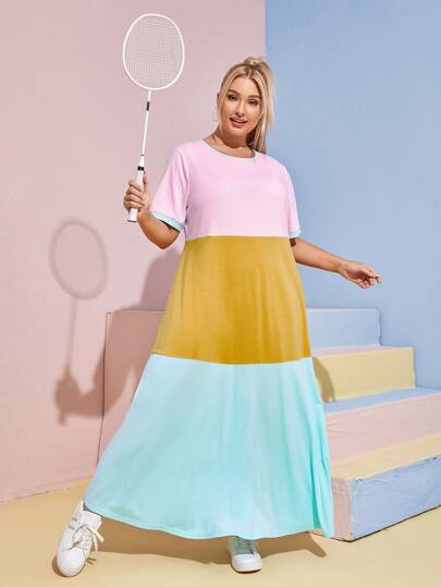 SHEIN 大碼拼接滾邊拼色連衣裙