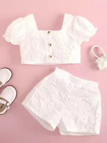 SHEIN 小女童方領紐扣短版上衣和短褲 - 白色 - 查看 1