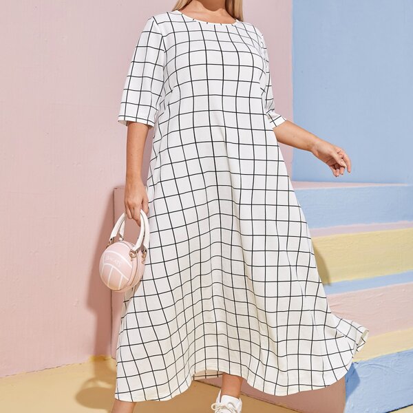 

Plus Grid Print Tee Dress, White