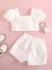 SHEIN 小女童方領紐扣短版上衣和短褲 - 白色 - 查看 2