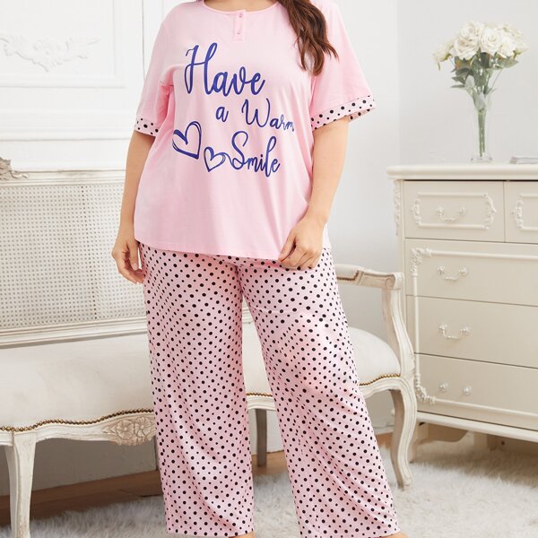 

Plus Slogan Graphic Tee & Polka Dot Pants PJ Set, Baby pink