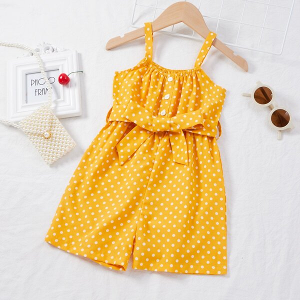 

Toddler Girls Polka Dot Half Button Belted Cami Romper, Yellow