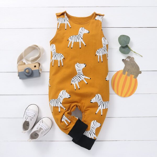 

Baby Boy Cartoon Zebra Print Tank Jumpsuit, Mustard yellow