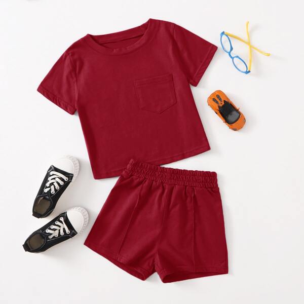 

Toddler Boys Solid Pocket Patched Tee With Shorts, Burgundy