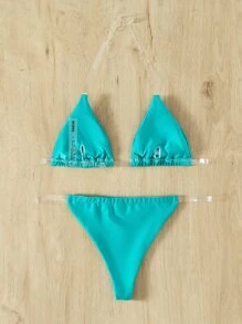 Clear Strap Triangle Thong Bikini Set - Green - View 2