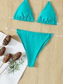 Clear Strap Triangle Thong Bikini Set - Green - View 3