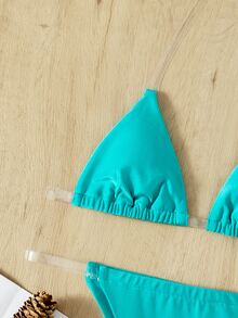 Clear Strap Triangle Thong Bikini Set - Green - View 4