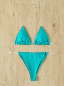 Clear Strap Triangle Thong Bikini Set - Green - View 5