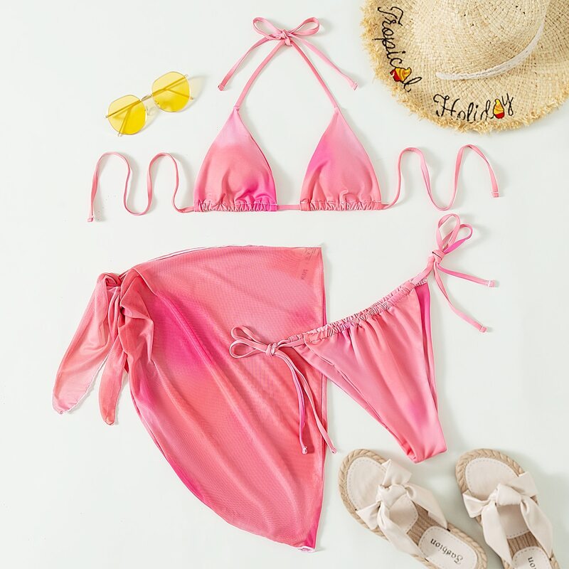

3pack Ombre Halter Bikini Swimsuit & Cover Up, Pink