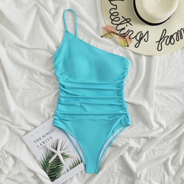 

Ruched One Shoulder One Piece Swimsuit, Baby blue