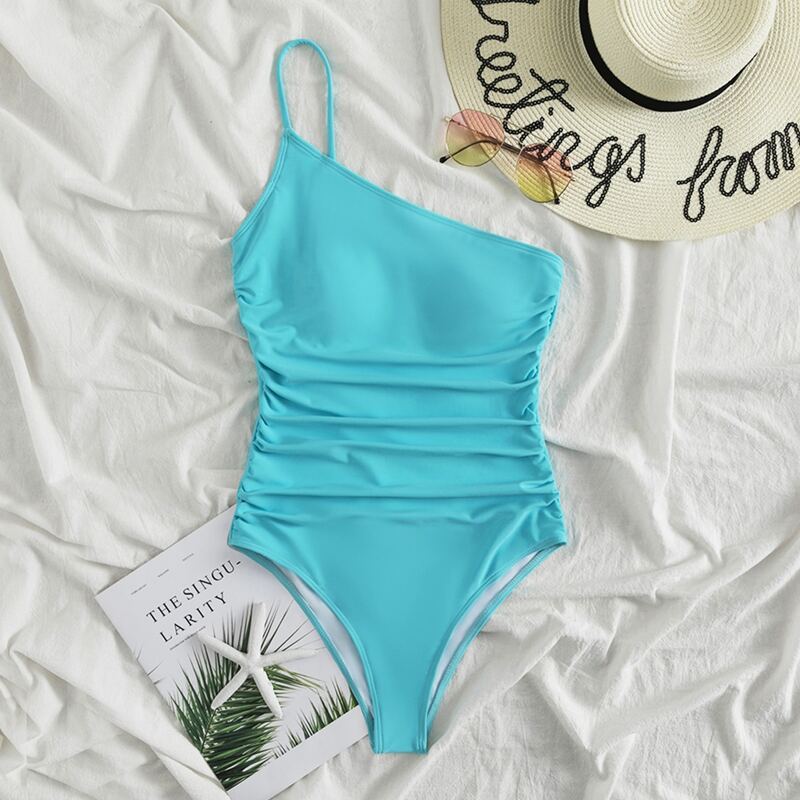 

Ruched One Shoulder One Piece Swimsuit, Baby blue