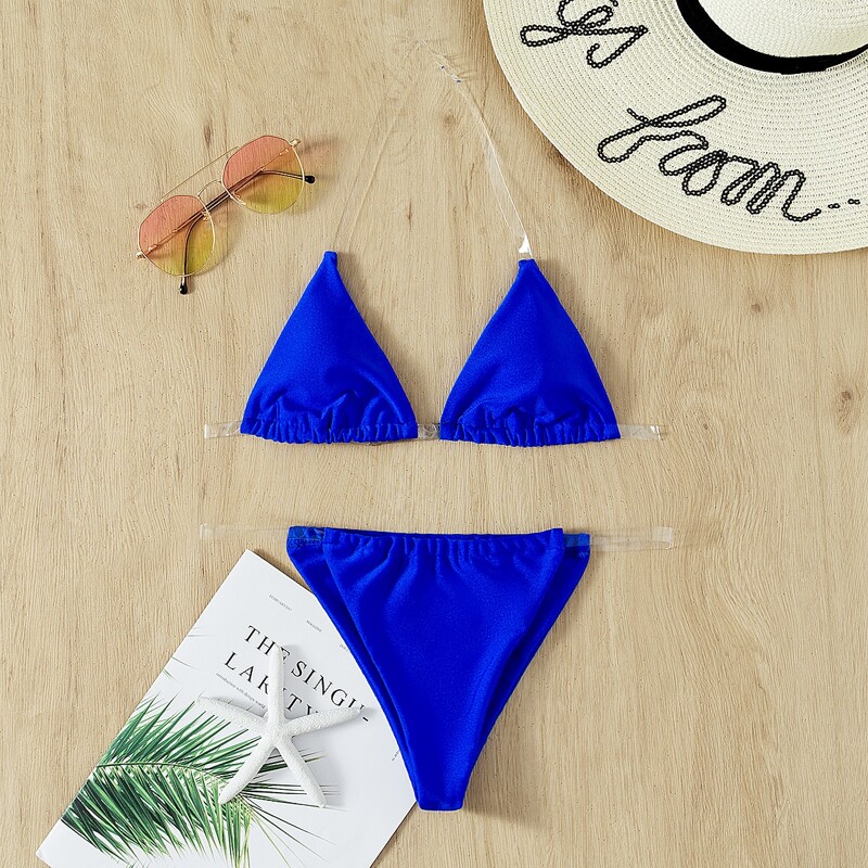 

Clear Strap Triangle Thong Bikini Swimsuit, Royal blue