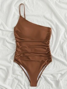 SHEIN Swim 夏季沙灘褶皺單肩一件式泳裝