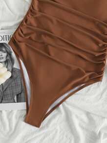 SHEIN Swim 夏季沙灘褶皺單肩一件式泳裝