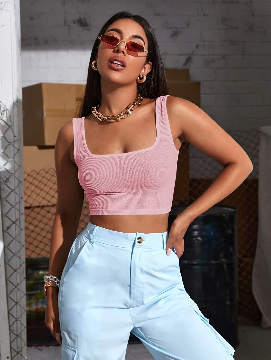 Solid Ribbed Crop Tank Top