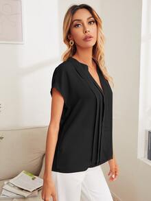 SHEIN Clasi 缺口領折疊百褶上衣 - 黑色 - 查看 3