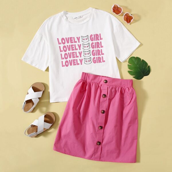

Girls Cartoon and Letter Print Top & Button Detail Skirt Set, Multicolor