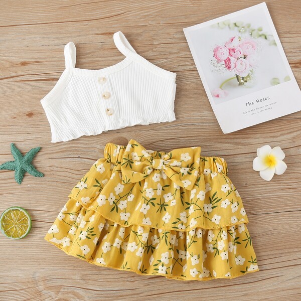 

Топ с пуговицами и юбка с цветочным принтом для девочек, Многоцветный