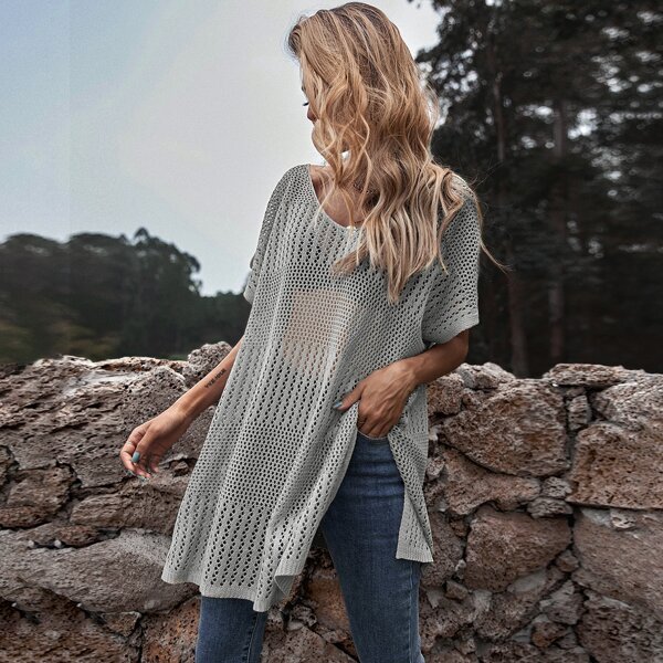 

Scoop Neck Sheer Crochet Cover Up Without Bikini, Light grey