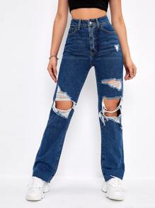 Jeans de novio rotos - Azul lavado oscuro - Ver 1