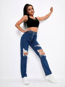 Jeans de novio rotos - Azul lavado oscuro - Ver 3