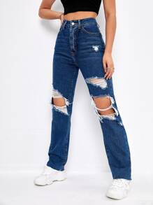 Jeans de novio rotos - Azul lavado oscuro - Ver 4