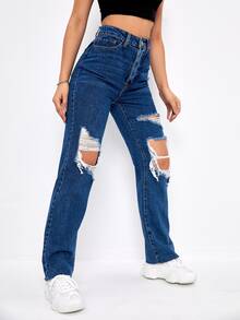 Jeans de novio rotos - Azul lavado oscuro - Ver 5