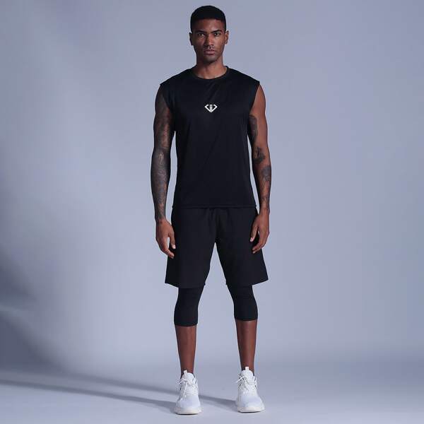 

Men Graphic Print Sports Tank Top, Black