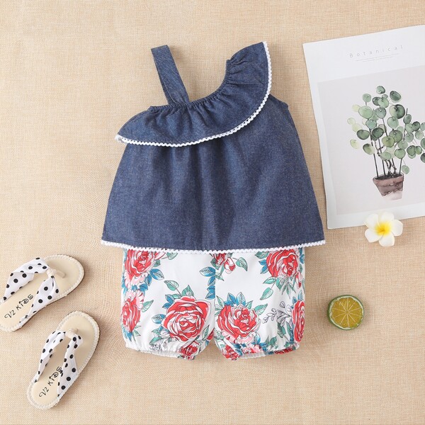 

Baby Girl Asymmetrical Neck Denim Top & Floral Print Shorts, Multicolor