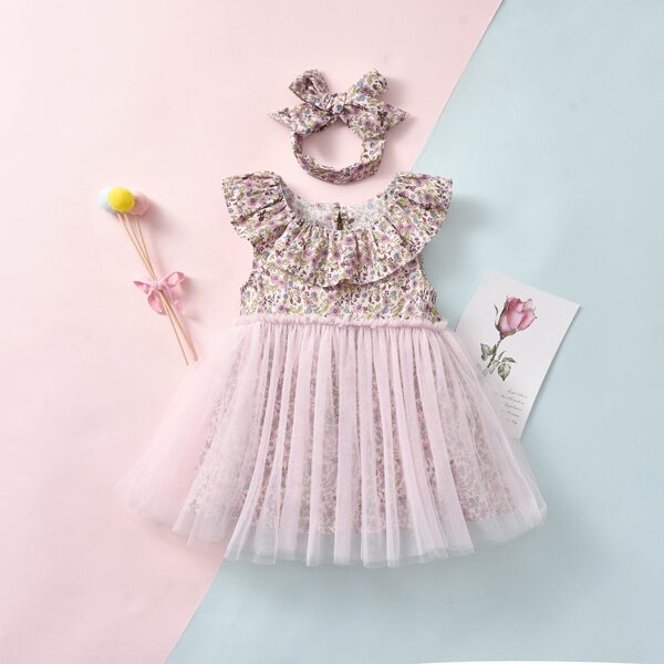 

Baby Girl Ditsy Floral Contrast Mesh Smock Dress With Headband, Purple