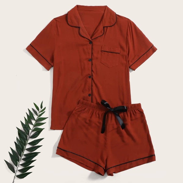 

Contrast Binding Tie Front Pajama Set, Red