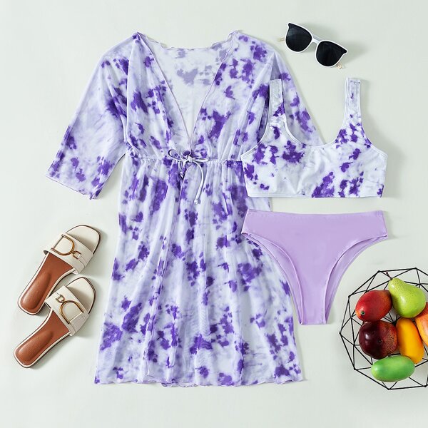 

3pack Tie Dye Bikini Swimsuit With Kimono, Purple