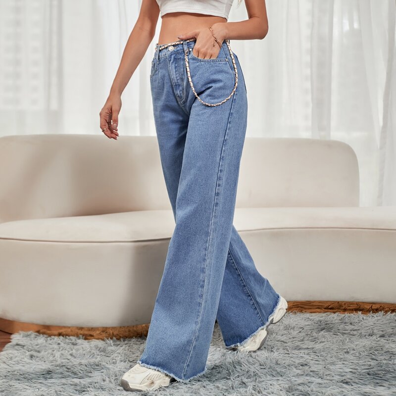 

Raw Hem Wide Leg Jeans With Chain, Medium wash