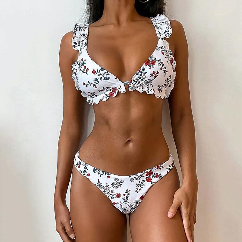 

Floral Ruffle Trim Bikini Swimsuit, White