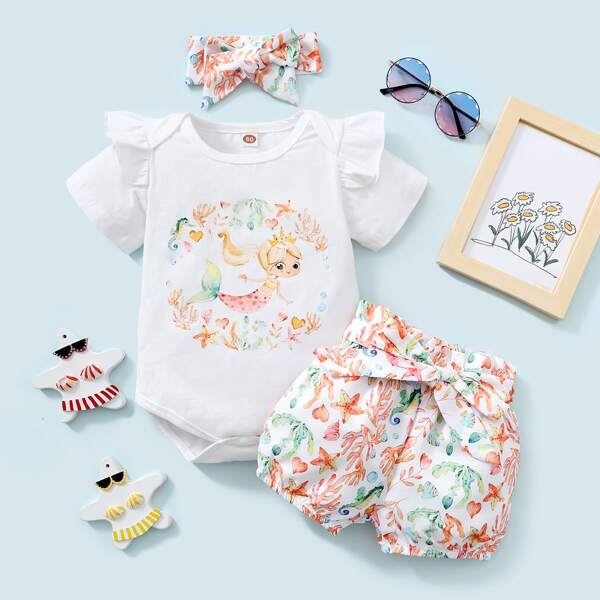 

Baby Girl Cartoon Graphic Bodysuit & Belted Shorts & Headband, Multicolor